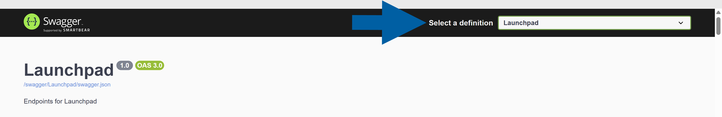 screen showing opening launchpad definition in swagger