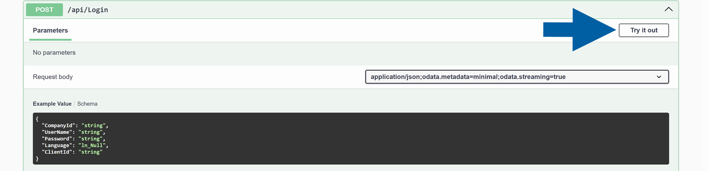 screen showing login section of swagger api request