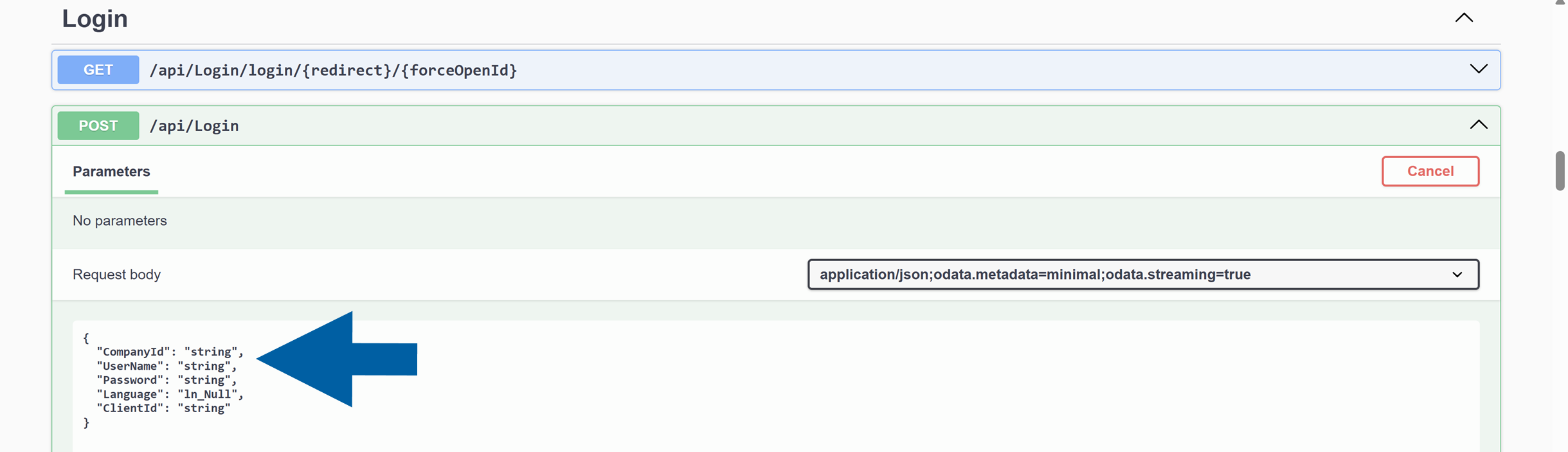 screen showing where to put your credentials in api login request