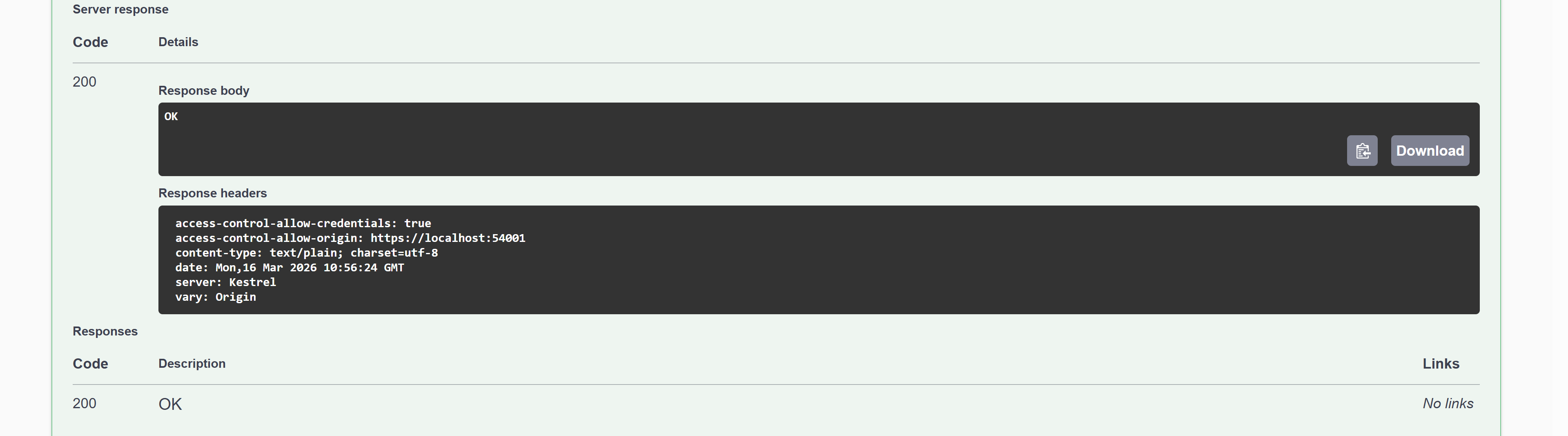 screen showing the successfull api response