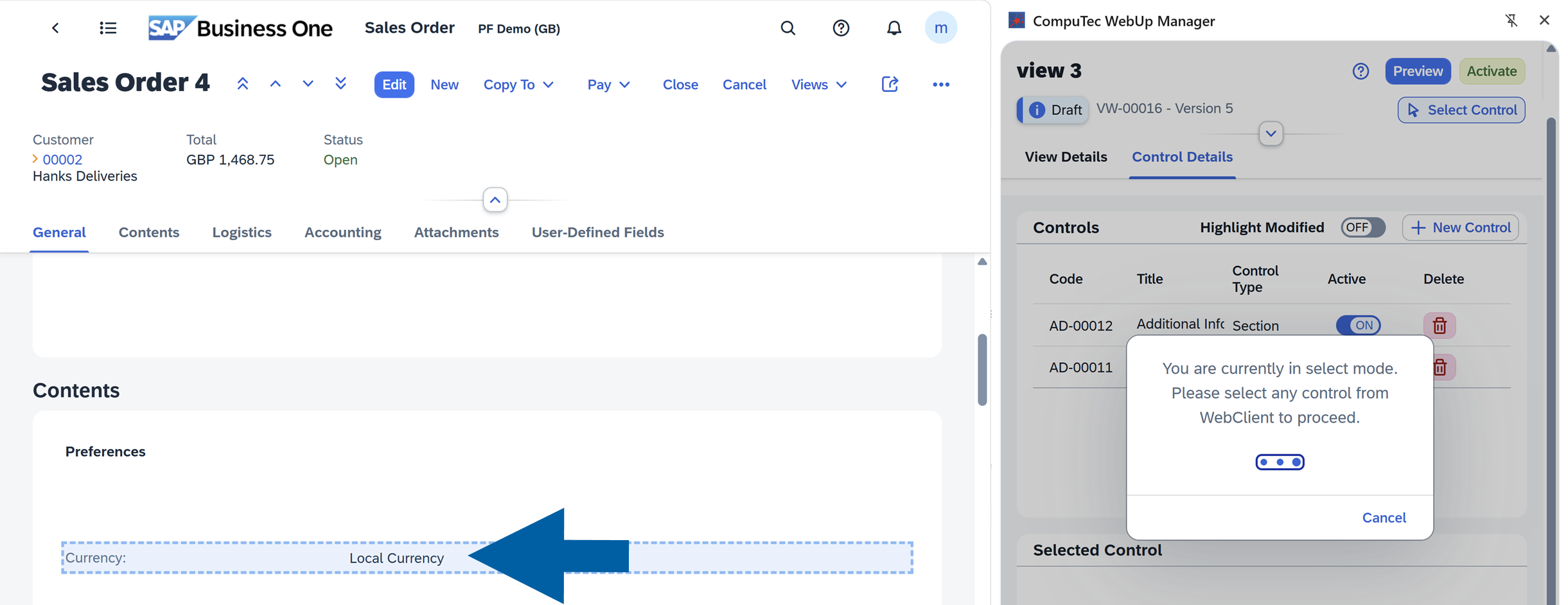 The system is in Select Mode. In the main Sales Order screen, the Currency field is highlighted. The highlighted area indicates the selected target control.