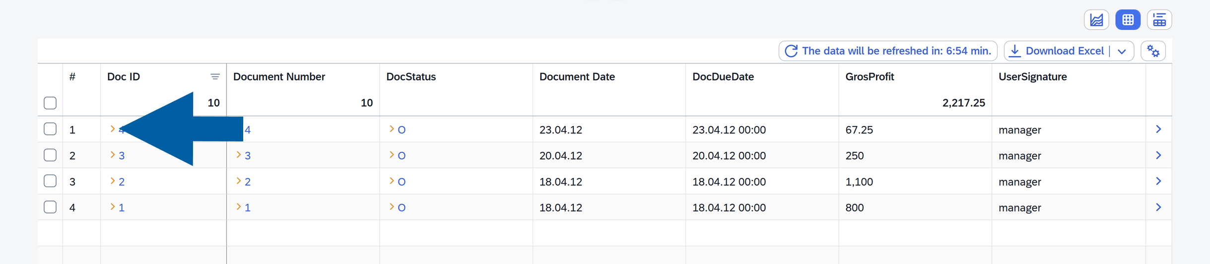 screen showng the table report direct links