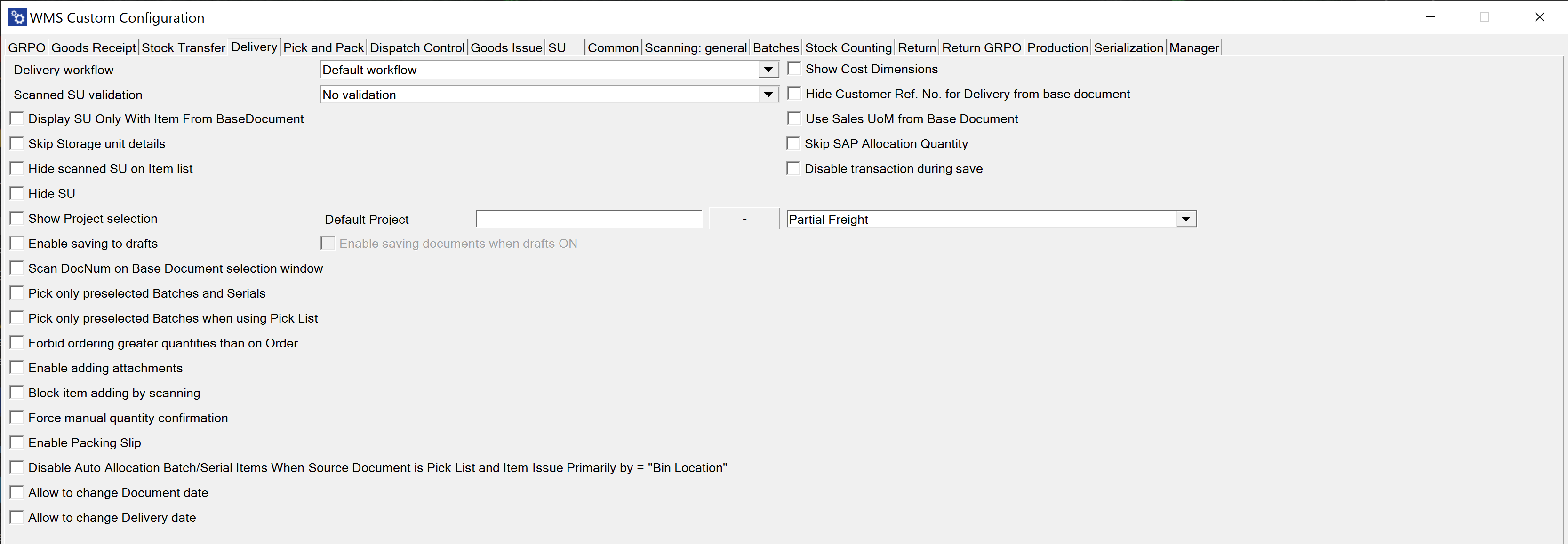 Screenshot showing delivery configuration workflow options and related controls in the WMS settings screen