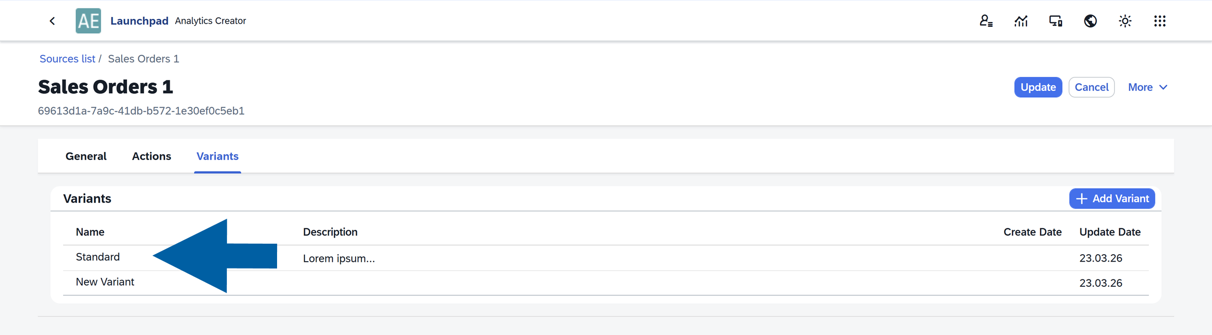 screen showing choosing a variant