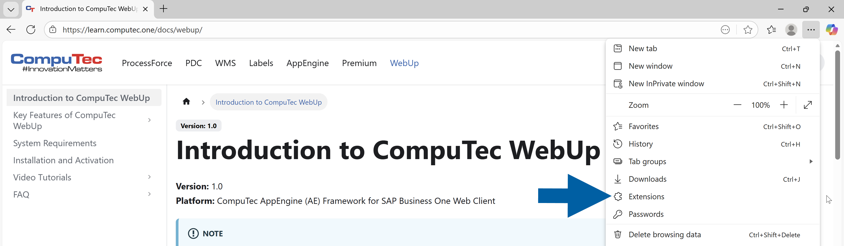 A help screen showing where to find extensions when installing the CompuTec webup extension in Microsoft Edge browser