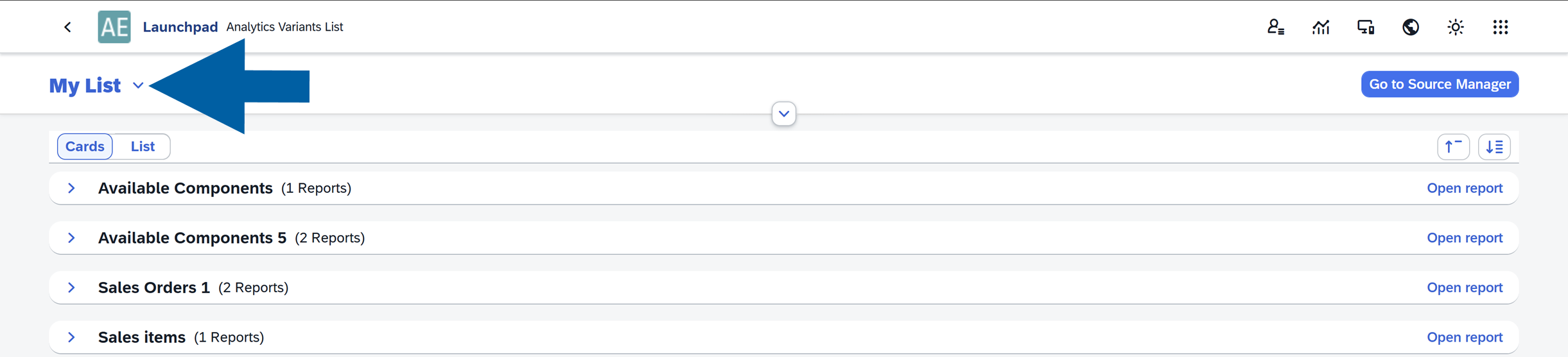 screen showng choosing Analytics Variants List to edit it