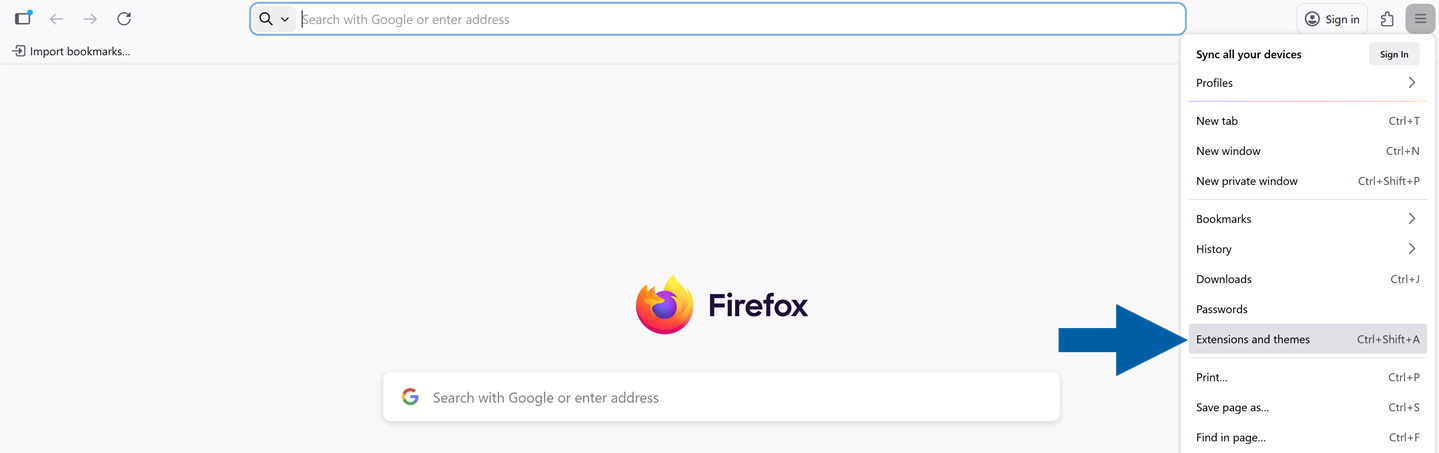 A help screen showing where to find extensions and themes section when installing the CompuTec webup extension in Firefox browser
