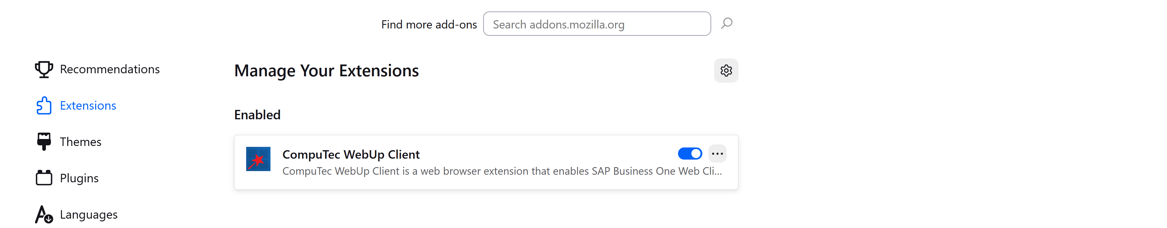 A help screen showing installed CompuTec webup extension in Firefox browser