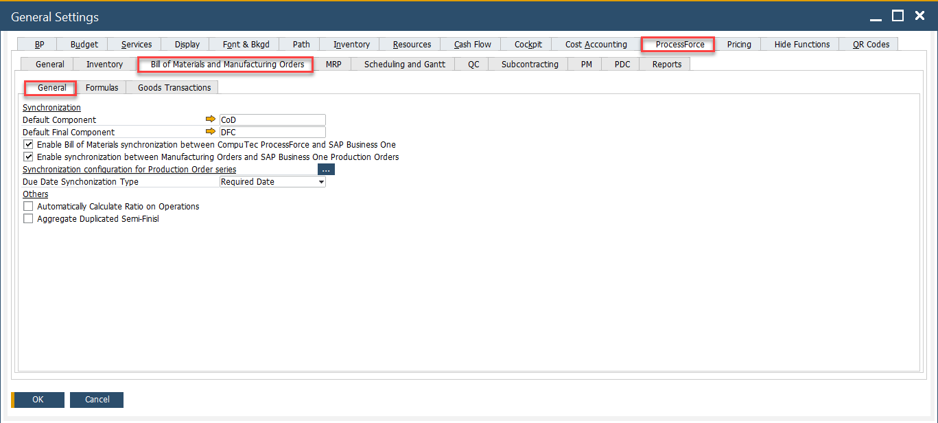 Bill of Materials and Manufacturing Orders tab