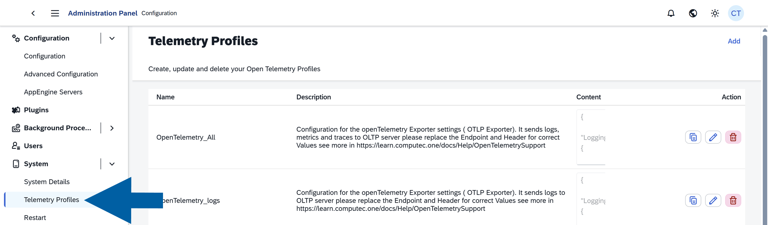 navigate to telemetry profiles