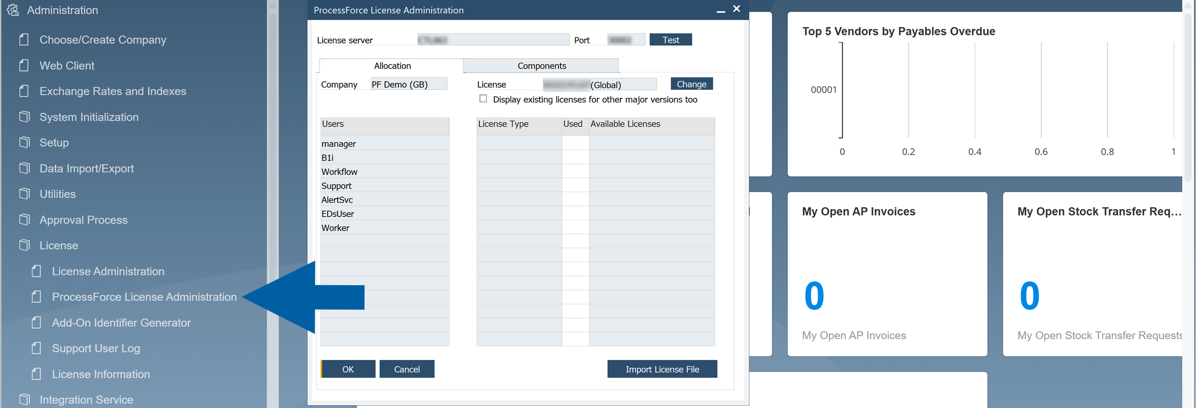 SAP Business One Administration view showing ProcessForce License Administration selected, with a blue arrow pointing to the menu item and the ProcessForce License Administration dialog visible, including license server field, Test button, company allocation, and user license list