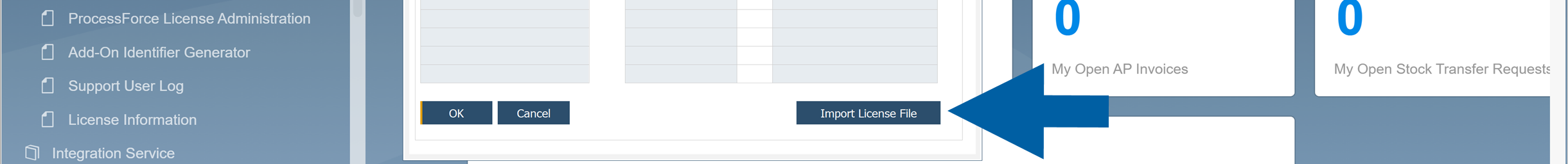SAP Business One ProcessForce License Administration window showing the Import License File button highlighted in the license administration dialog, with license server and user license controls visible in the wider SAP Business One interface