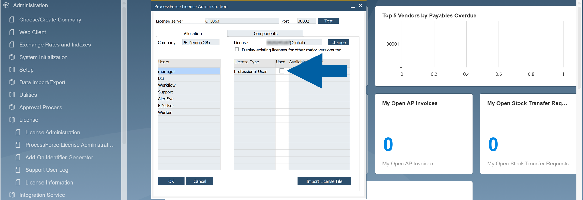 ProcessForce License Administration dialog in SAP Business One showing the license server and port fields, Test button, company allocation, and a user list with manager selected. The Professional User license row displays Used and Available columns and a checkbox to assign the license type, within the wider SAP Business One administration window.