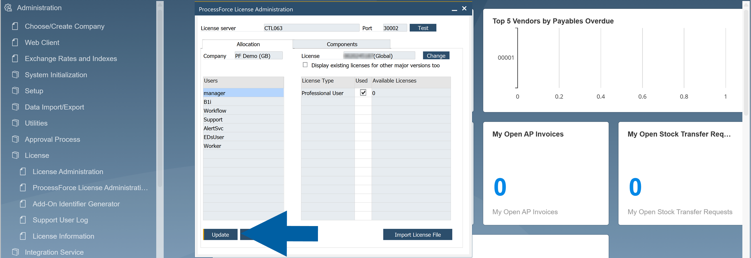 ProcessForce License Administration dialog in SAP Business One with a blue arrow highlighting the Update button, showing license server and company allocation fields and a user license list inside the wider SAP Business One administration screen