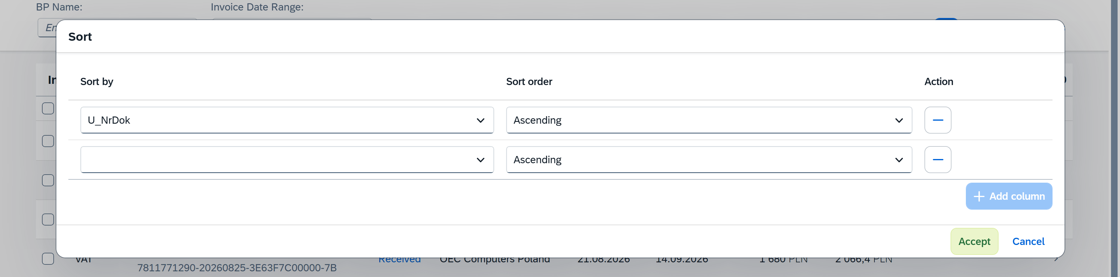 Sort settings