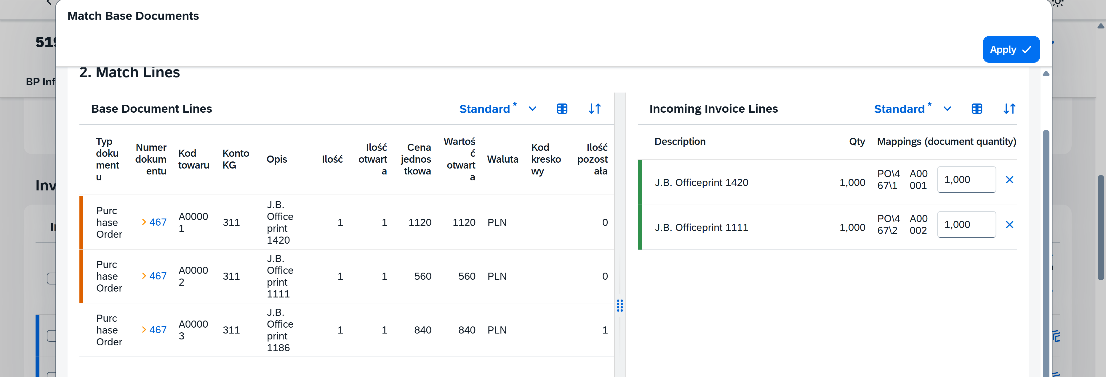 Match Lines step showing base document lines and incoming invoice lines