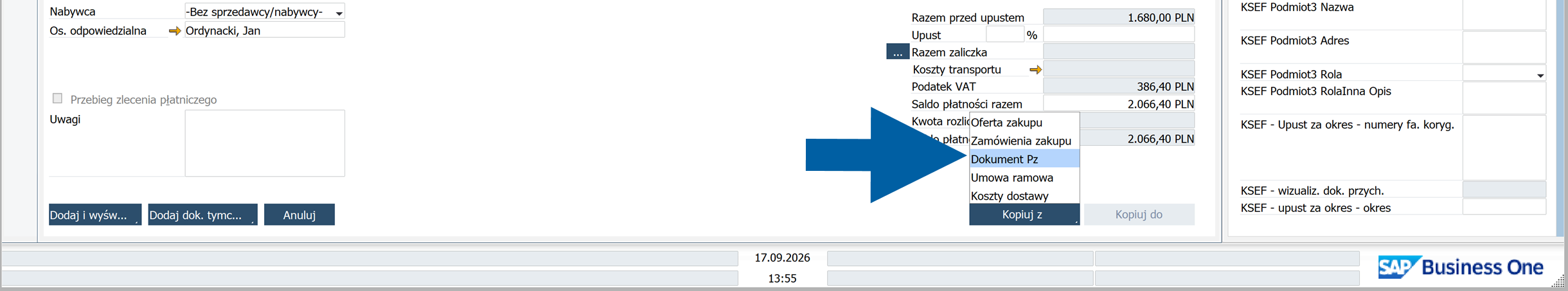SAP Business One draft with the Copy from menu open and Purchase Order available