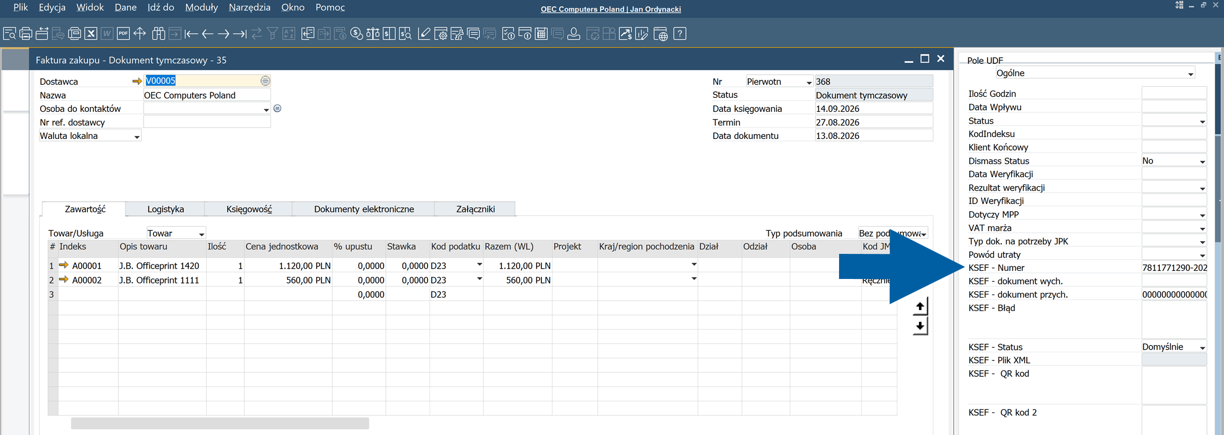 SAP Business One draft showing the updated document data and KSeF number