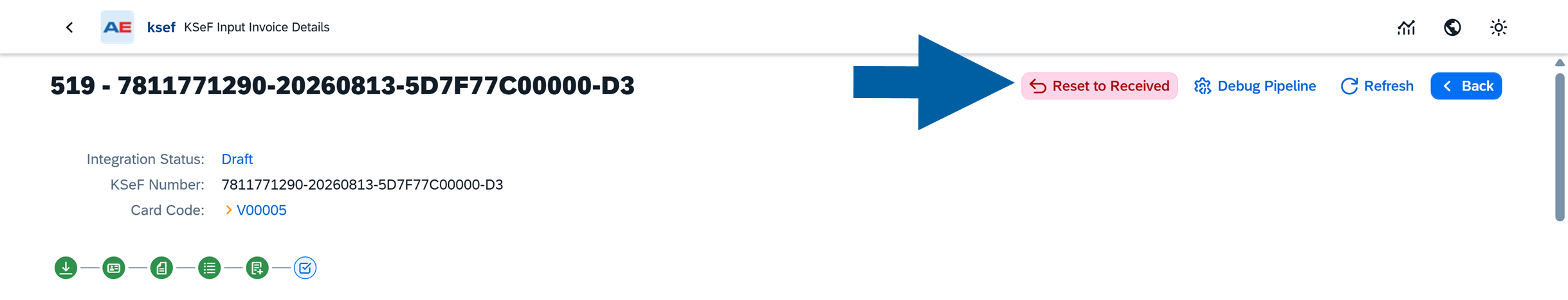 Incoming invoice screen with the Reset to Received action