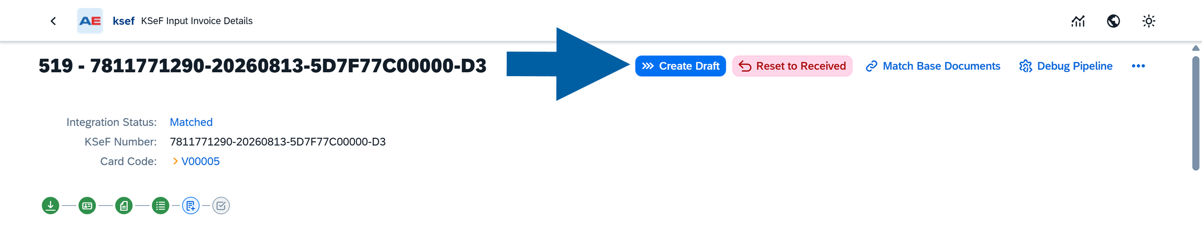 Processed incoming invoice screen with the Create Draft button