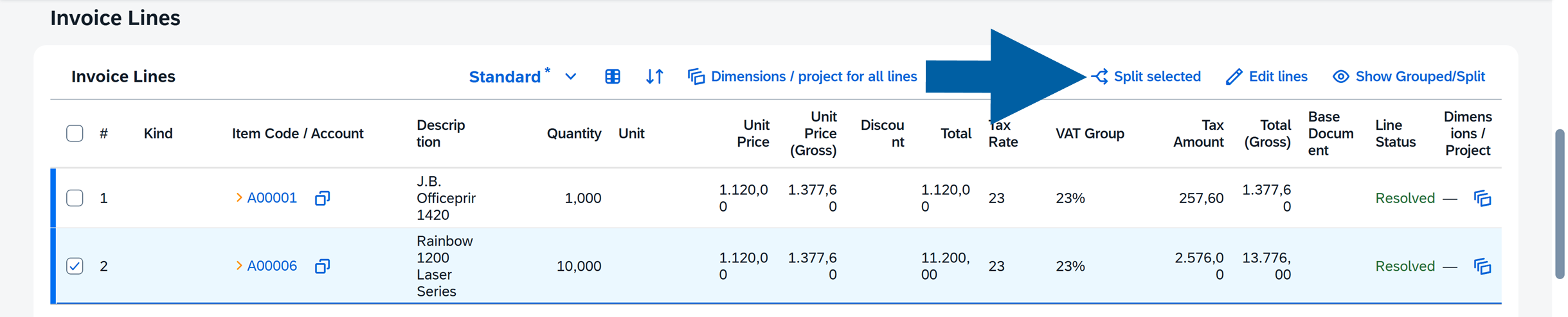 Select an invoice line and click Split selected