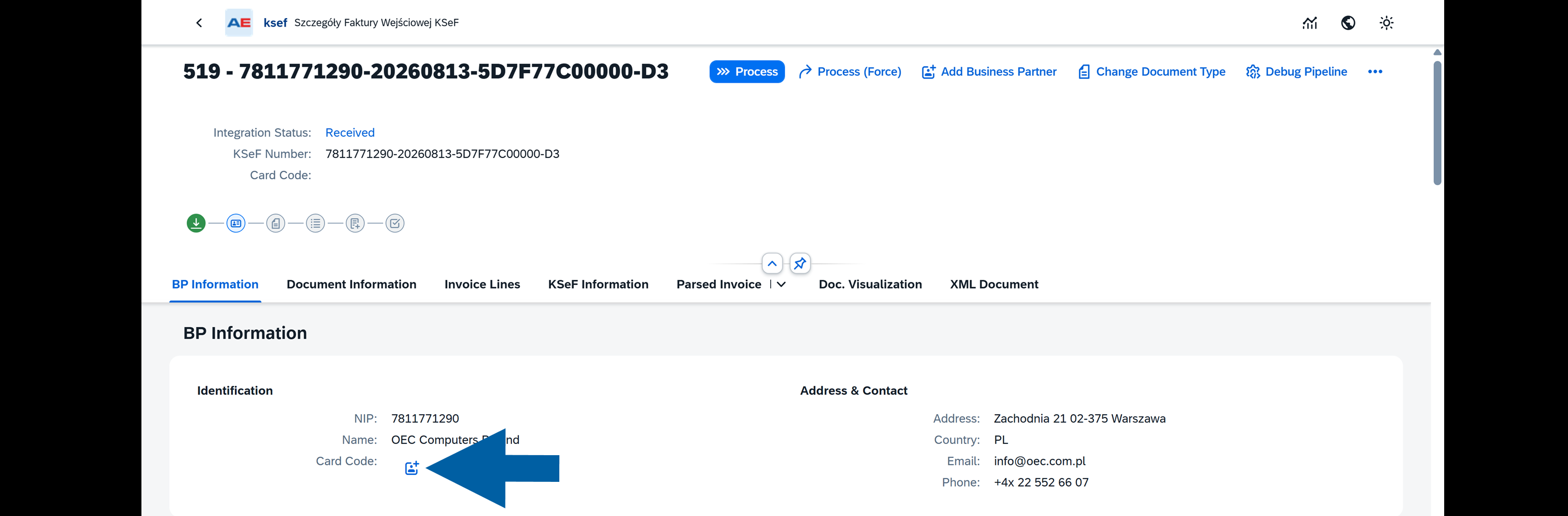 Business Partner creation icon next to the Card Code field