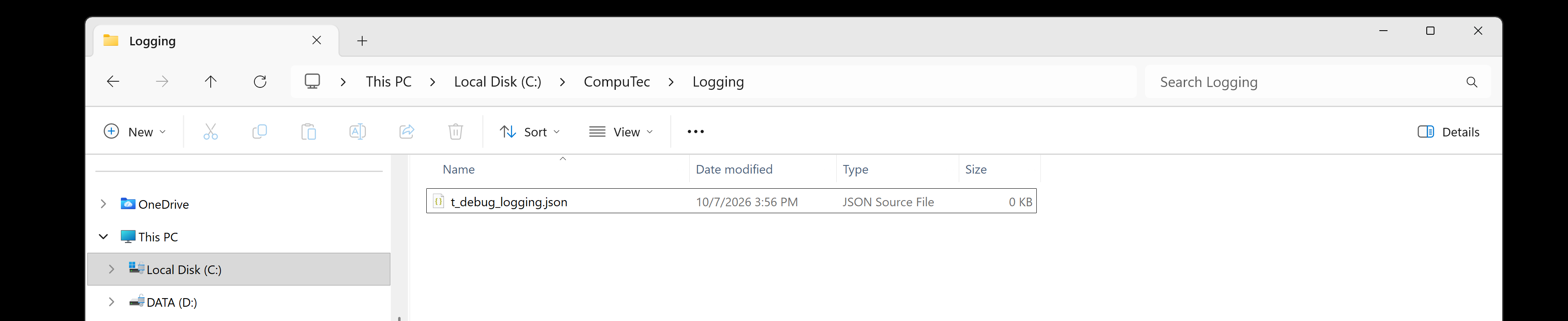 File Explorer showing the Logging folder and the new ct_debug_logging.json file
