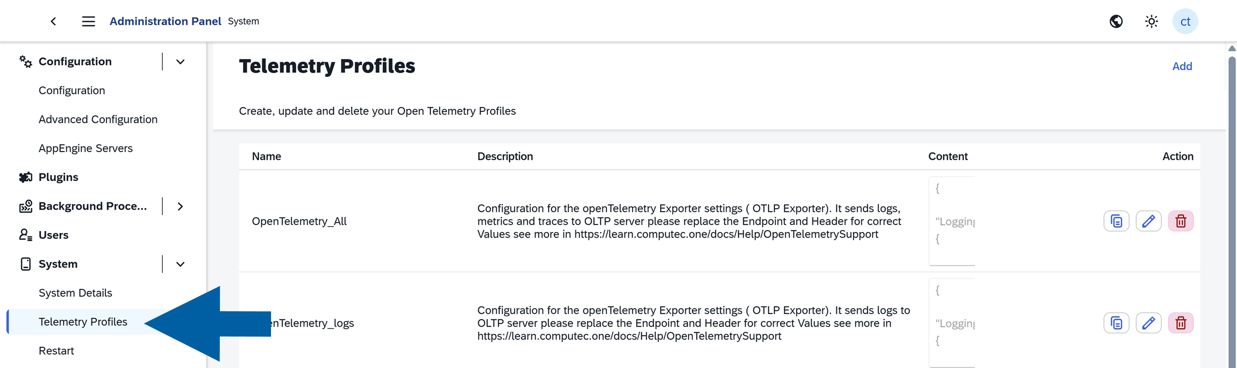 CompuTec AppEngine Administration Panel with System navigation expanded