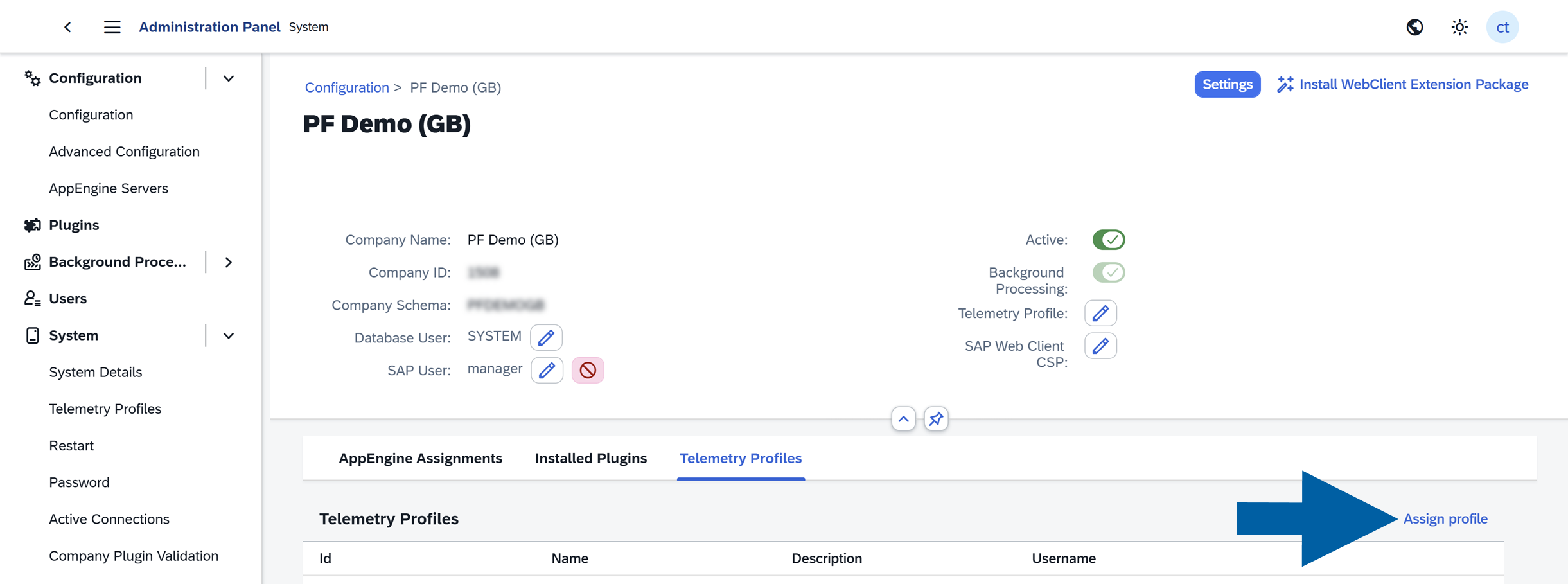Company Telemetry Profiles tab with the Assign profile control