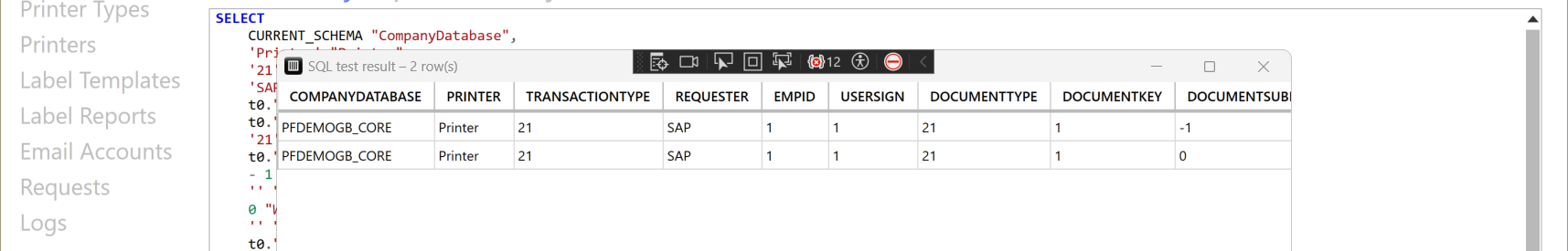 Read-only SQL query results window in CompuTec Labels displaying returned rows and column headers after execution