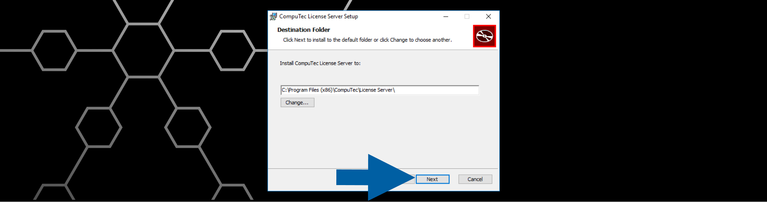 CompuTec License Server installer destination folder screen showing installation path C:\Program Files (x86)\CompuTec\License Server\ with Next and Cancel buttons on a hexagonal patterned desktop background