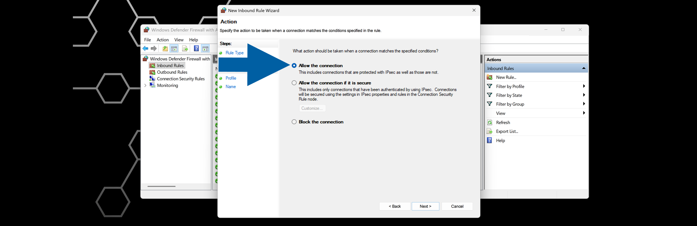 New Inbound Rule wizard page with Allow the connection option selected and Next button visible