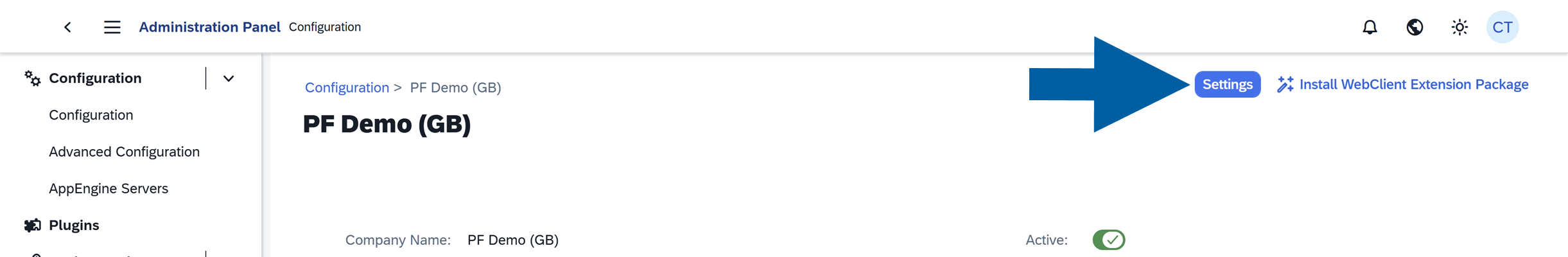 settings button in the company details
