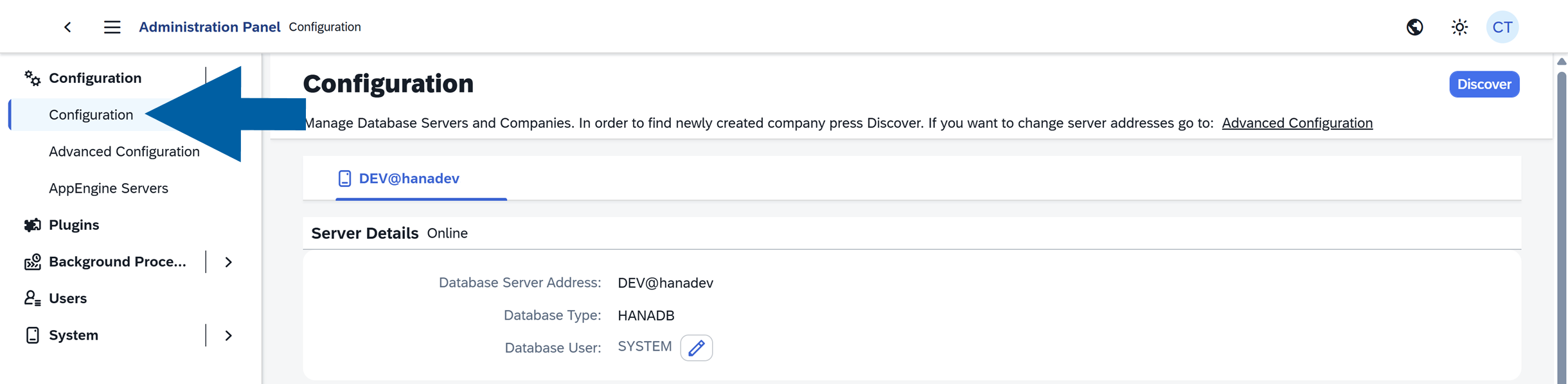 screen showing nevitation to configuration