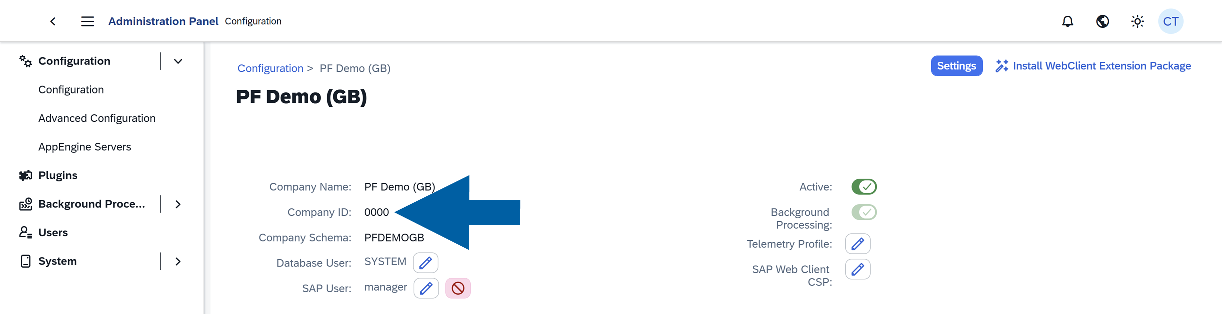 screen showing where to find the company id