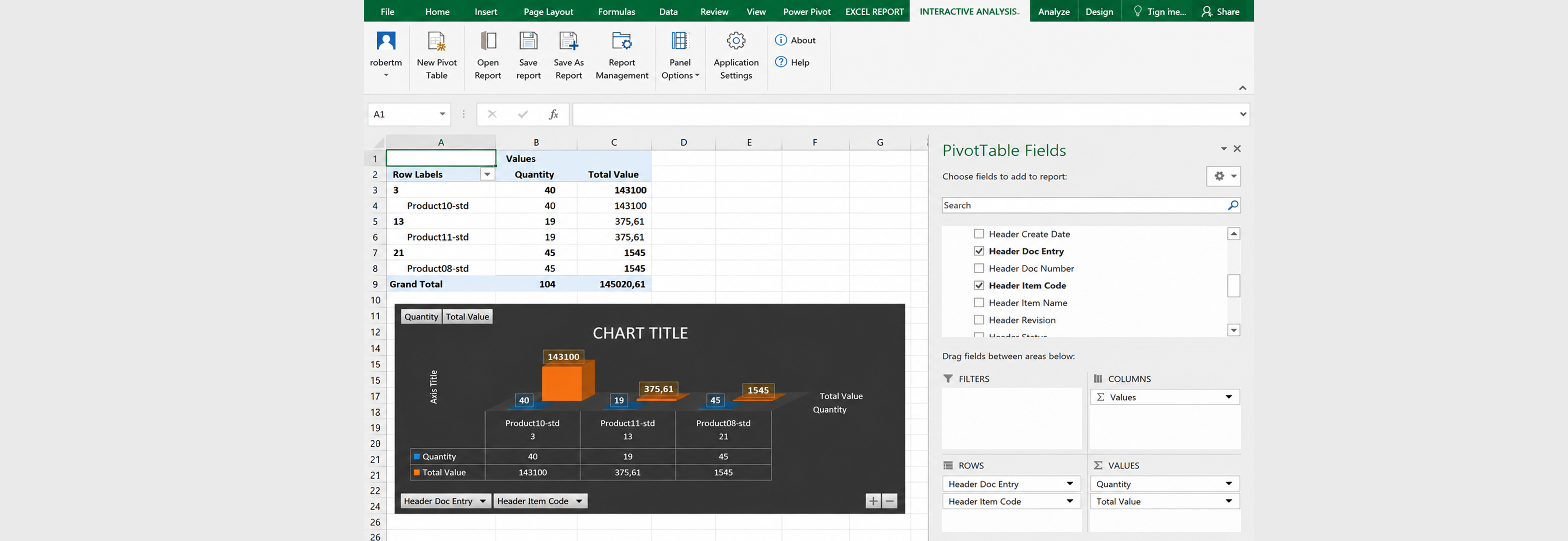 Microsoft Excel worksheet displaying the selected CompuTec ProcessForce calculation view results