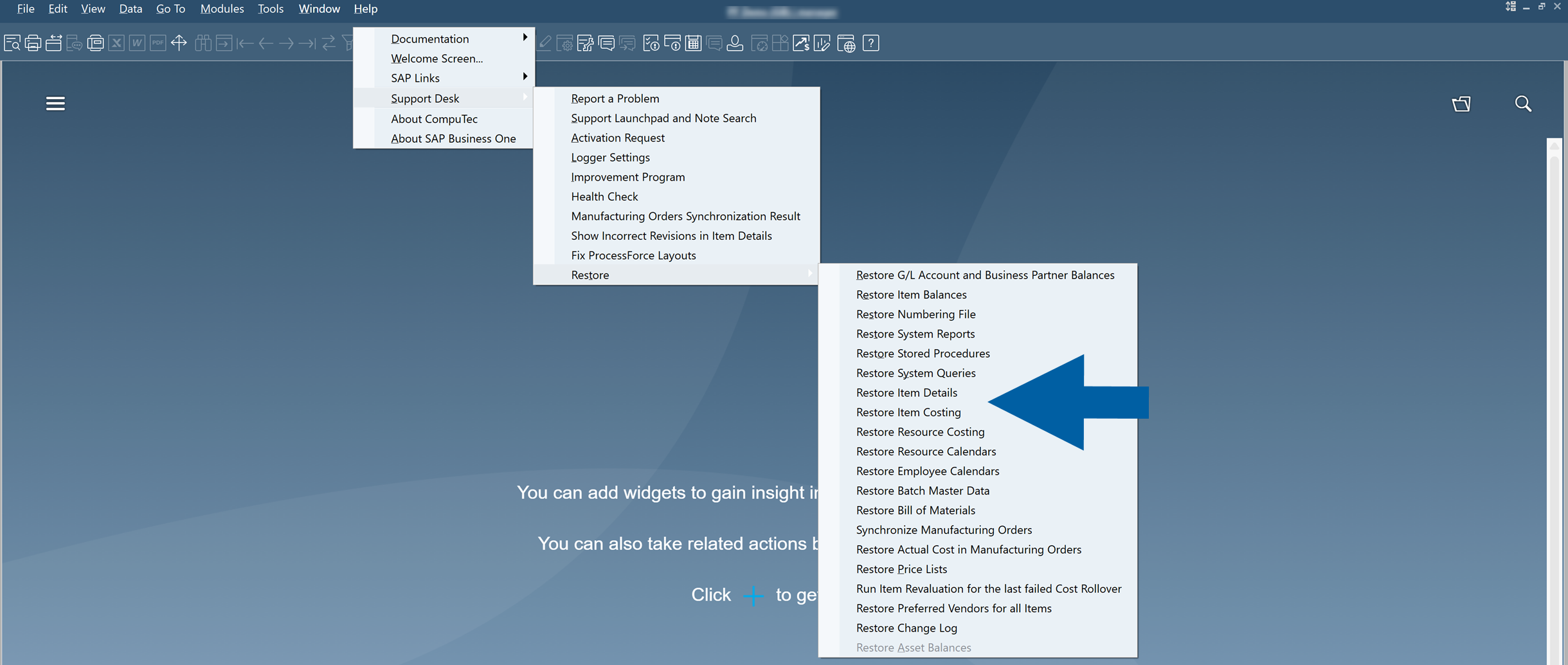 SAP Business One Support Desk Restore menu showing the list of available restoration procedures. Visible options include Restore Item Details, Restore Item Costing, Restore Resource Costing, Restore Employee Calendars, and Restore Batch Details.
