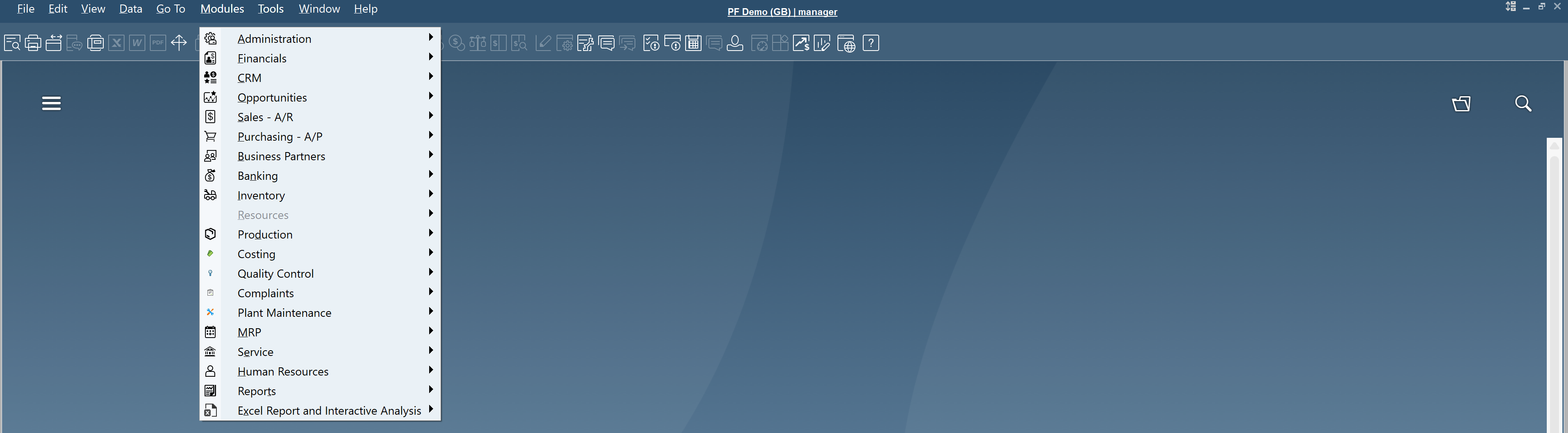 CompuTec ProcessForce menu structure integrated into SAP Business One, showing main functional modules including Administration, Financials, CRM, Opportunities, Sales, Purchasing, Business Partners, Banking, Inventory, Production, Costing, Quality Control, Complaints, Plant Maintenance, MRP, Service, Human Resources, Reports, and Excel Report and Interactive Analysis options