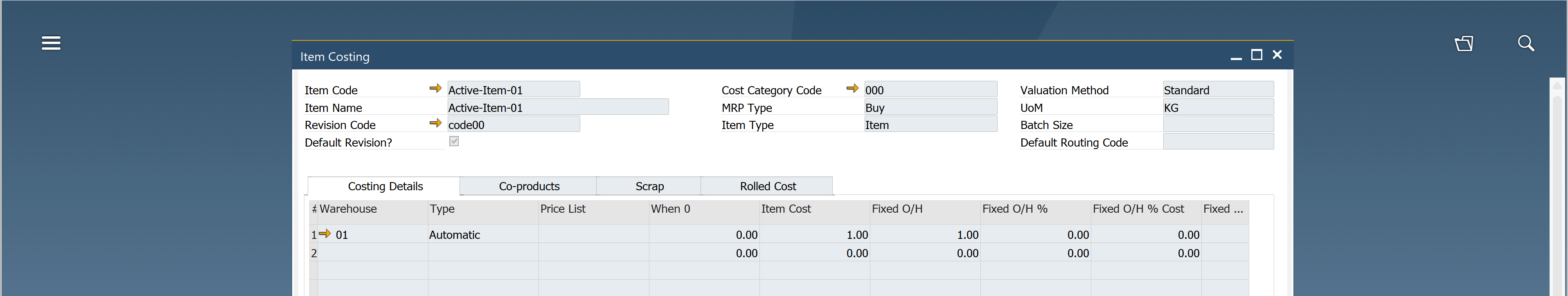 CompuTec ProcessForce Item Costing window inside SAP Business One showing Item Code Active-Item-01, Item Name Active-Item-01, Revision Code code00, Cost Category Code 000, Valuation Method Standard, MRP Type Buy, Item Type Item, and UoM KG with a table listing warehouse 01 Automatic type, item cost 0.00, fixed overhead 1.00, fixed overhead percent 1.00, and fixed overhead cost 0.00 in a neutral instructional software environment