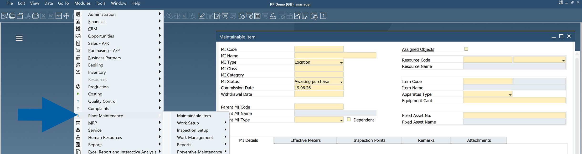 CompuTec ProcessForce Plant Maintenance screen in SAP Business One showing the Plant Maintenance menu selected and a Maintainable Item form with fields MI Code, MI Name, MI Type Location, MI Status Awaiting purchase, assigned objects section with Resource Code and Resource Name, item details, apparatus type, equipment card, and fixed asset fields in a neutral instructional business application interface