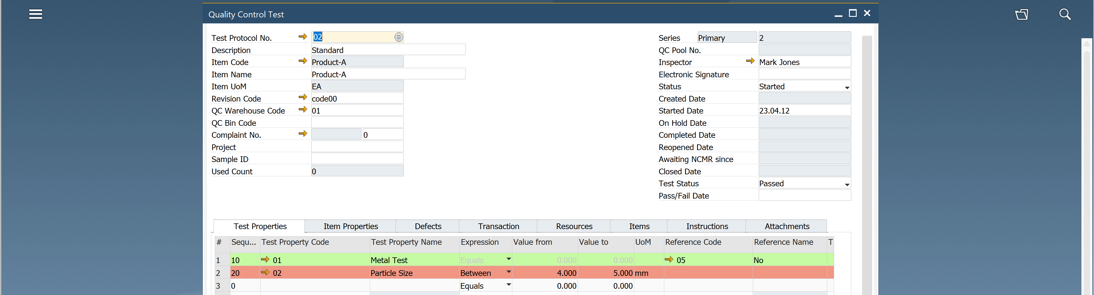 CompuTec ProcessForce Quality Control Test screen inside SAP Business One showing a test protocol form with fields for Test Protocol No 02, Description Standard, Item Code Product-A, Item Name Product-A, Revision Code code00, QC Warehouse Code 01, and status Started. A lower grid displays test properties including sequence 10 with Test Property Code 01 Metal Test and sequence 20 with Test Property Code 02 Particle Size. The wider environment is a SAP Business One application window with menu navigation on the left and module details on the right, presented in a neutral instructional tone.text
