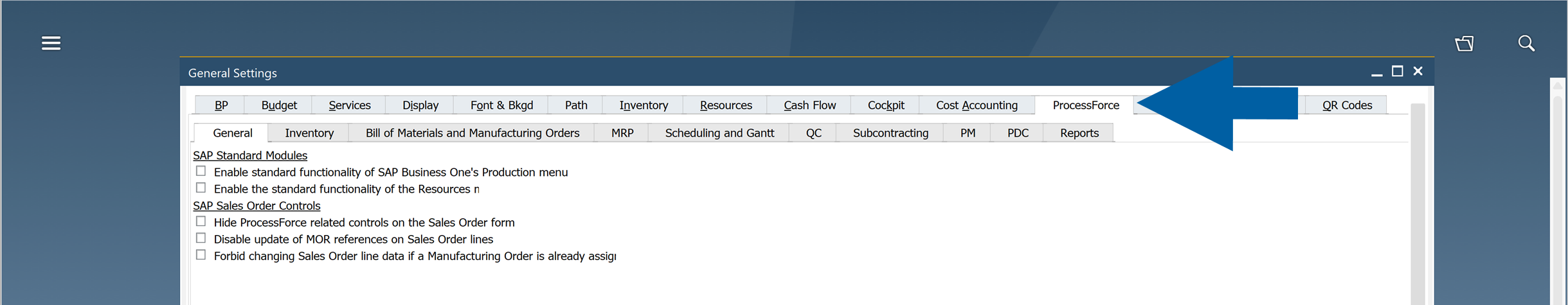 CompuTec ProcessForce general settings window inside SAP Business One with the ProcessForce General tab selected, showing options for SAP Standard Modules and SAP Sales Order Controls including enable standard functionality of SAP Business One's Production menu, enable the standard functionality of the Resources menu, hide ProcessForce related controls on the Sales Order form, disable update of MOR references on Sales Order lines, and forbid changing Sales Order line data if a Manufacturing Order is already assigned