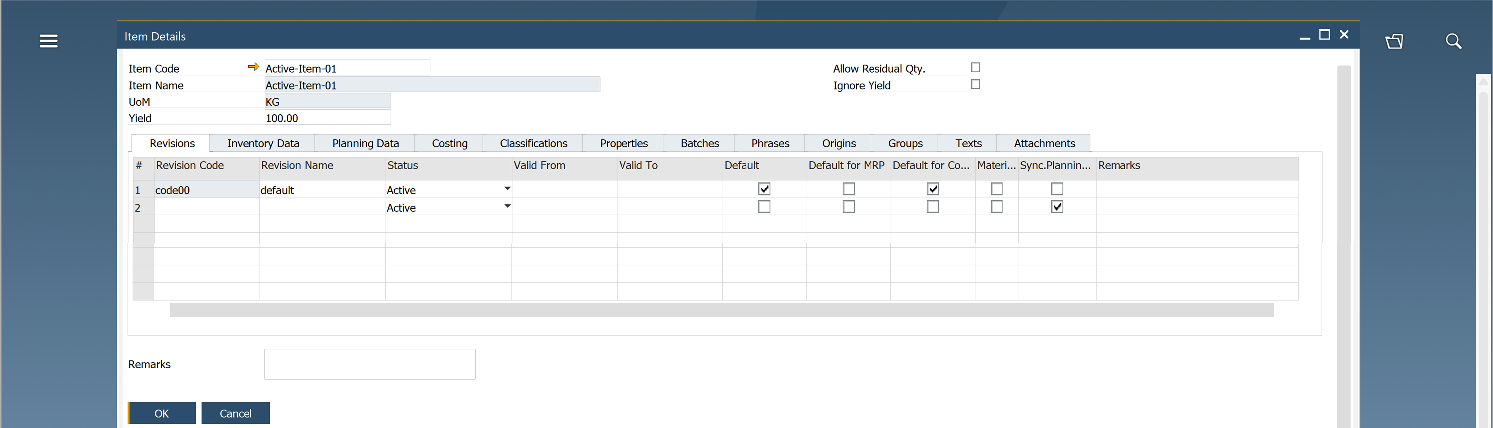 SAP Business One Item Details window showing Item Code Active-Item-01, Item Name Active-Item-01, UoM KG, Yield 100.00. Two checkboxes on the right labeled Allow Residual Qty and Ignore Yield. Main pane displays the Revisions tab with a table whose first row shows Revision Code code00, Revision Name default, Status Active, and the Default checkbox checked. Table column headers visible include Revision Code, Revision Name, Status, Valid From, Valid To, Default, Default for MRP, Default for Company, Material, Sync Planning, Remarks. Bottom left shows OK and Cancel buttons. The screen is a form inside the SAP Business One application window with a neutral, instructional tone.