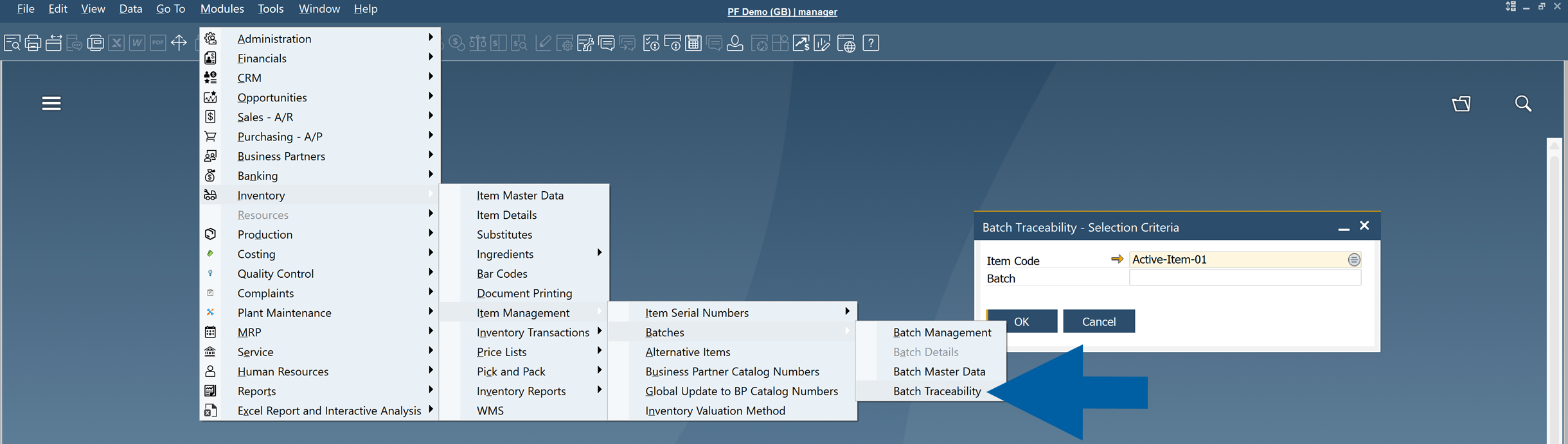 Batch Traceability selection criteria dialog in SAP Business One showing title Batch Traceability - Selection Criteria, fields Item Code with value Active-Item-01 and empty Batch, and OK and Cancel buttons within a broader SAP Business One menu and window environment