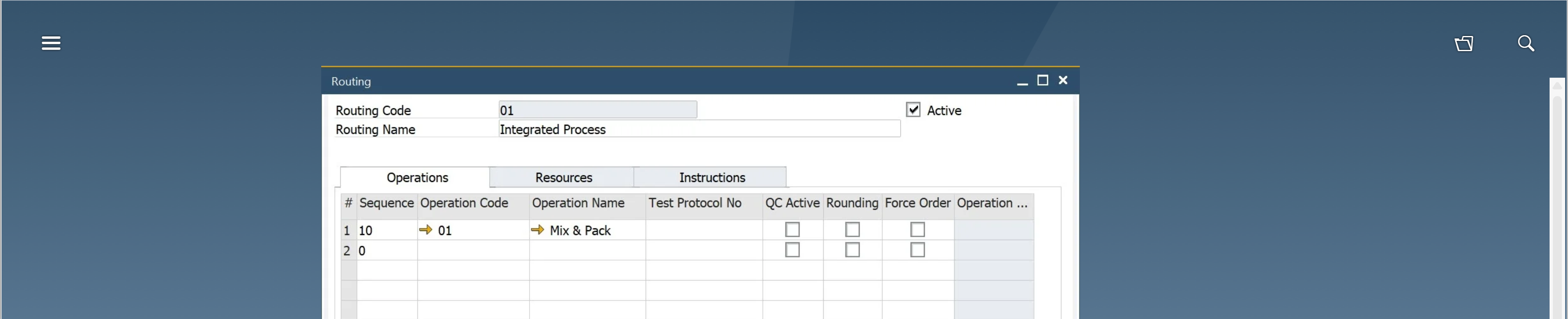 CompuTec ProcessForce Routing window in SAP Business One showing Routing Code 01 and Routing Name Integrated Process with Active checkbox checked and an Operations table listing sequence 10, operation code 01, and operation name Mix &amp; Pack in a neutral instructional software interface