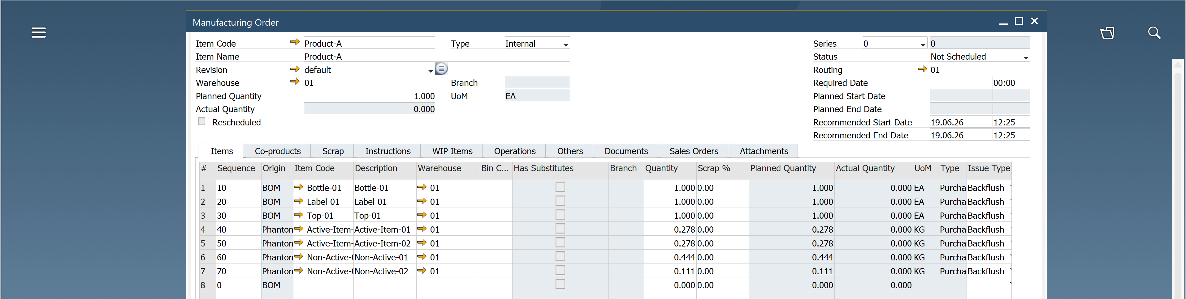 CompuTec ProcessForce Manufacturing Order window inside SAP Business One showing a manufacturing order for Product-A with fields for Item Code Product-A, Revision default, Warehouse 01, Planned Quantity 1.000, Actual Quantity 0.000, Recommended Start Date 19.06.26 12:25 and a lower grid listing bill of materials lines such as Bottle-01, Label-01, Top-01, Active-Item-Active-Item-01 and Non-Active items in a standard business software interface