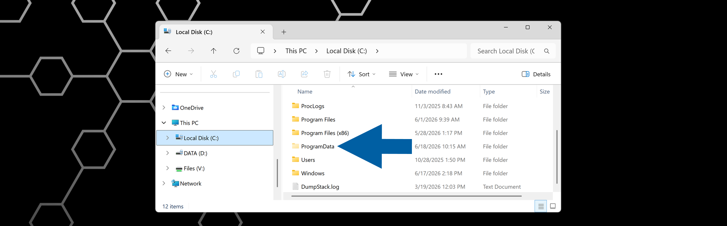 Windows File Explorer showing Local Disk C contents with the ProgramData folder visible among other system folders such as Program Files and Users