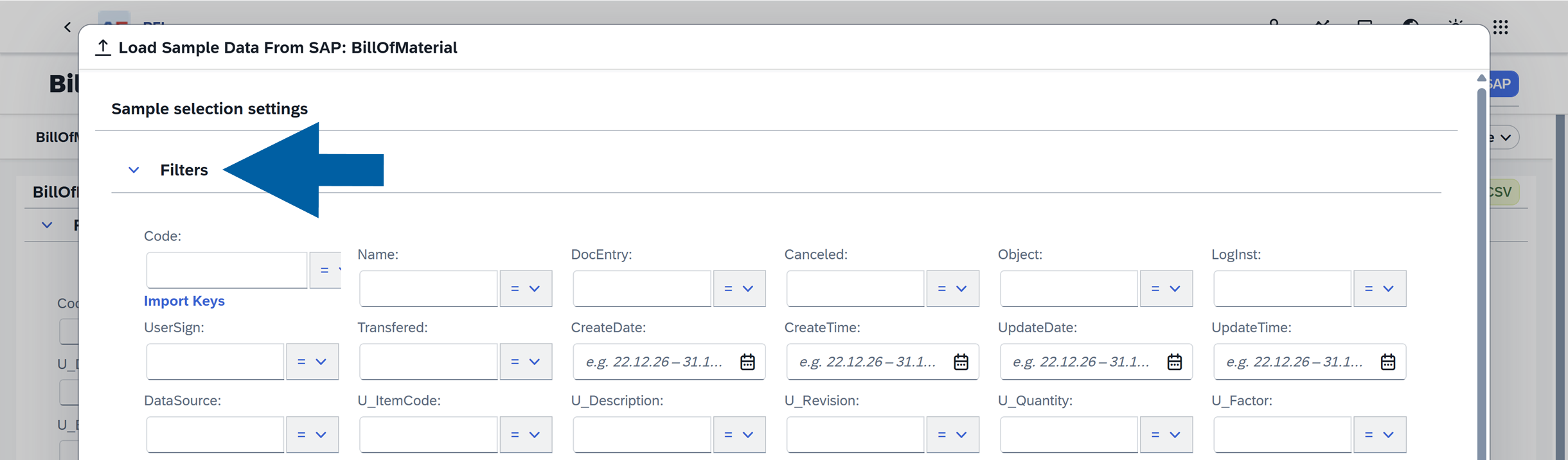 screen showing where to click to load sample- filtering
