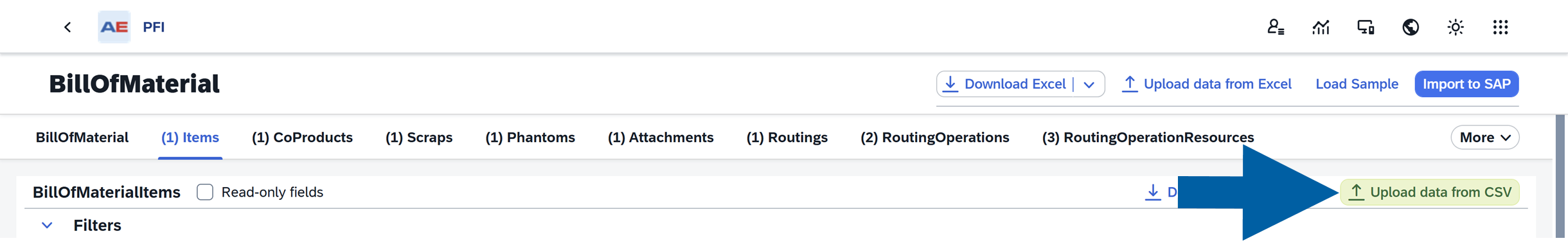 screen showing where to click to Upload data from a csv file