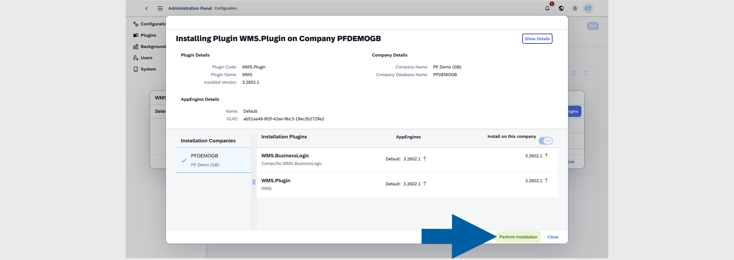 click perform installation to start installation
